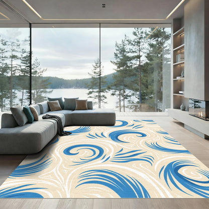 Cream Blue Swirl Abstract Flow Rug