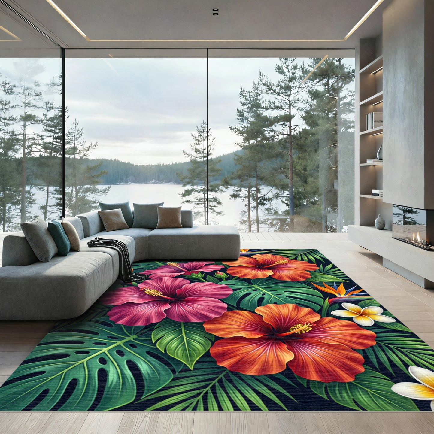 Vibrant Tropical Hibiscus Leaf Bouquet Rug