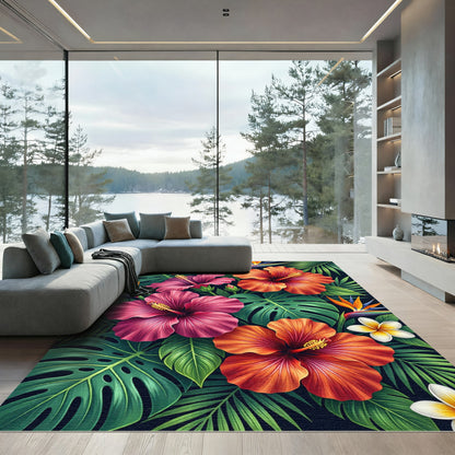 Vibrant Tropical Hibiscus Leaf Bouquet Rug