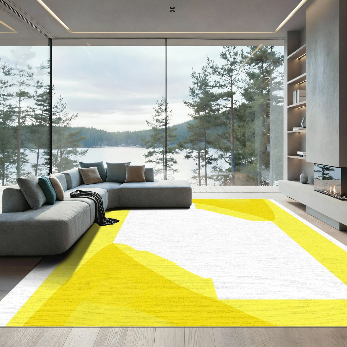 Abstract Yellow Wave Border Rug
