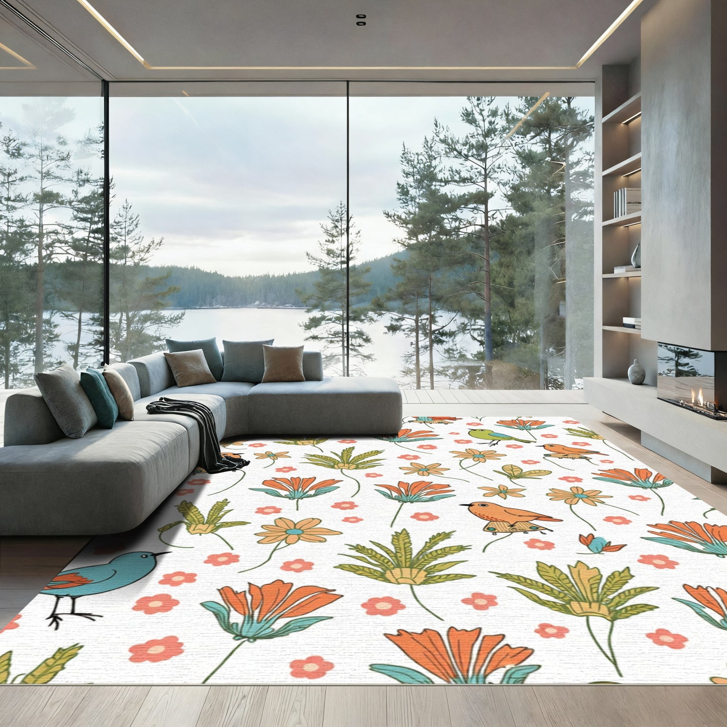 Coral Orange Birds Green Foliage Rug