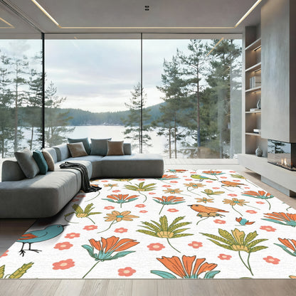 Coral Orange Birds Green Foliage Rug