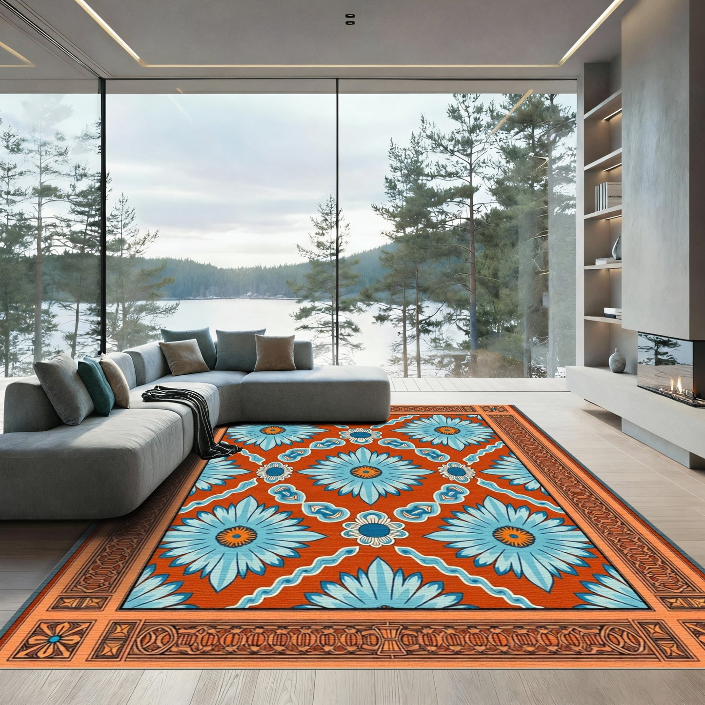 Orange Blue Floral Medallion Frame Rug