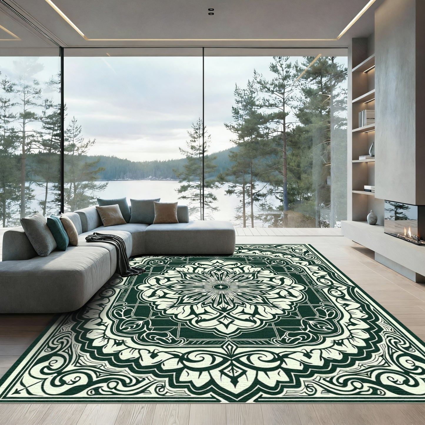 Deep Emerald Floral Mandala Art Rug