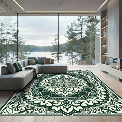 Deep Emerald Floral Mandala Art Rug