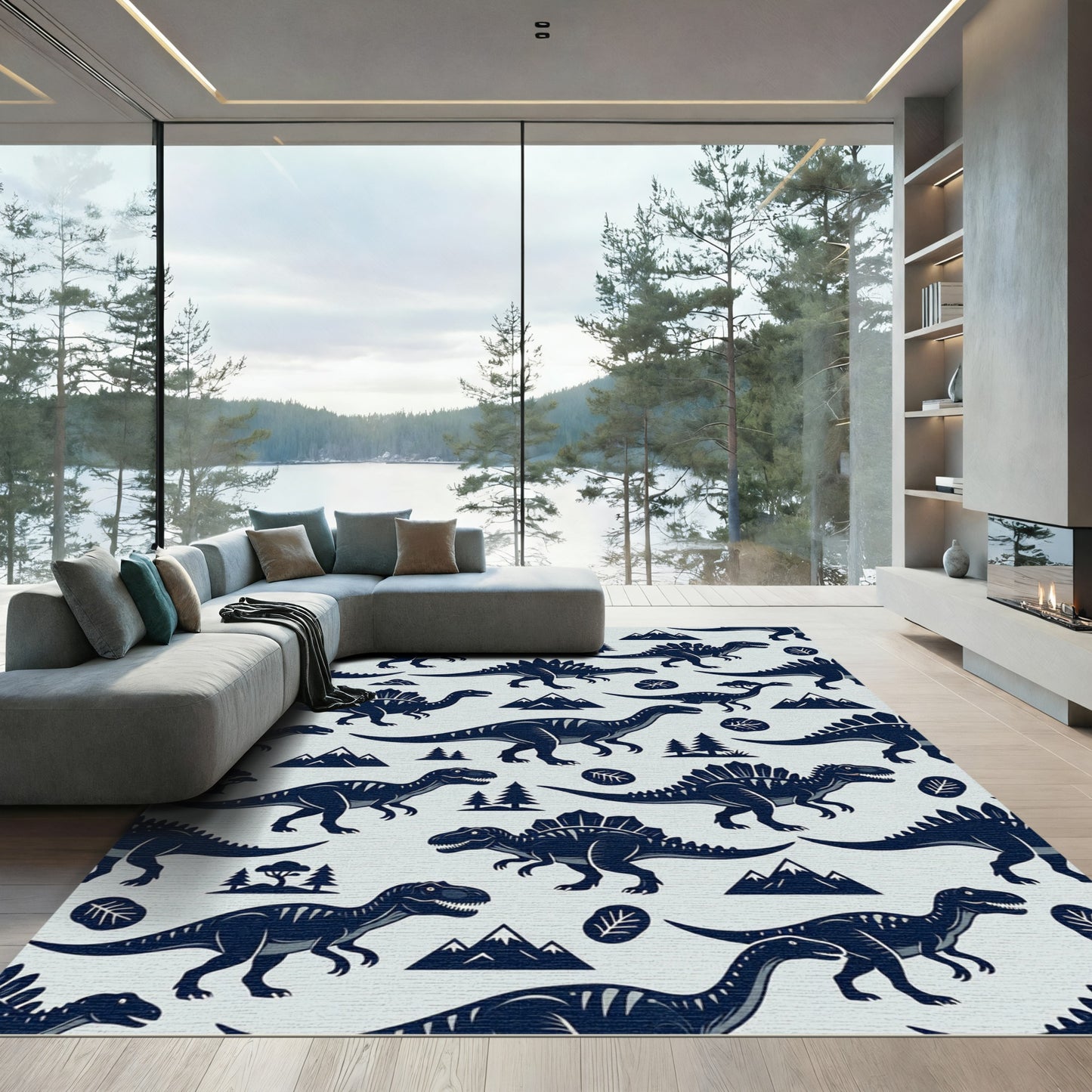Stark Blue Navy Dinosaur Jurassic Landscape Rug