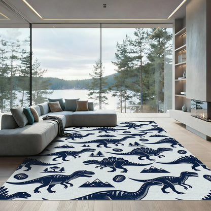 Stark Blue Navy Dinosaur Jurassic Landscape Rug
