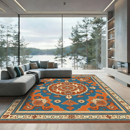 Ornate Blue Orange Medallion Floral Rug