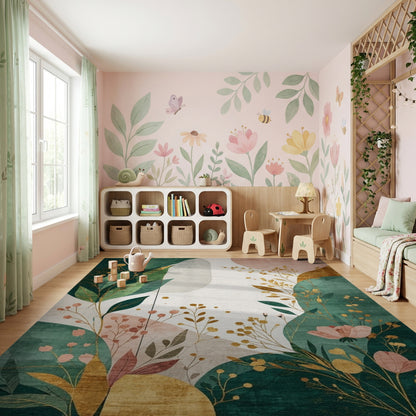 Emerald Green Gold Foliage Abstract Rug