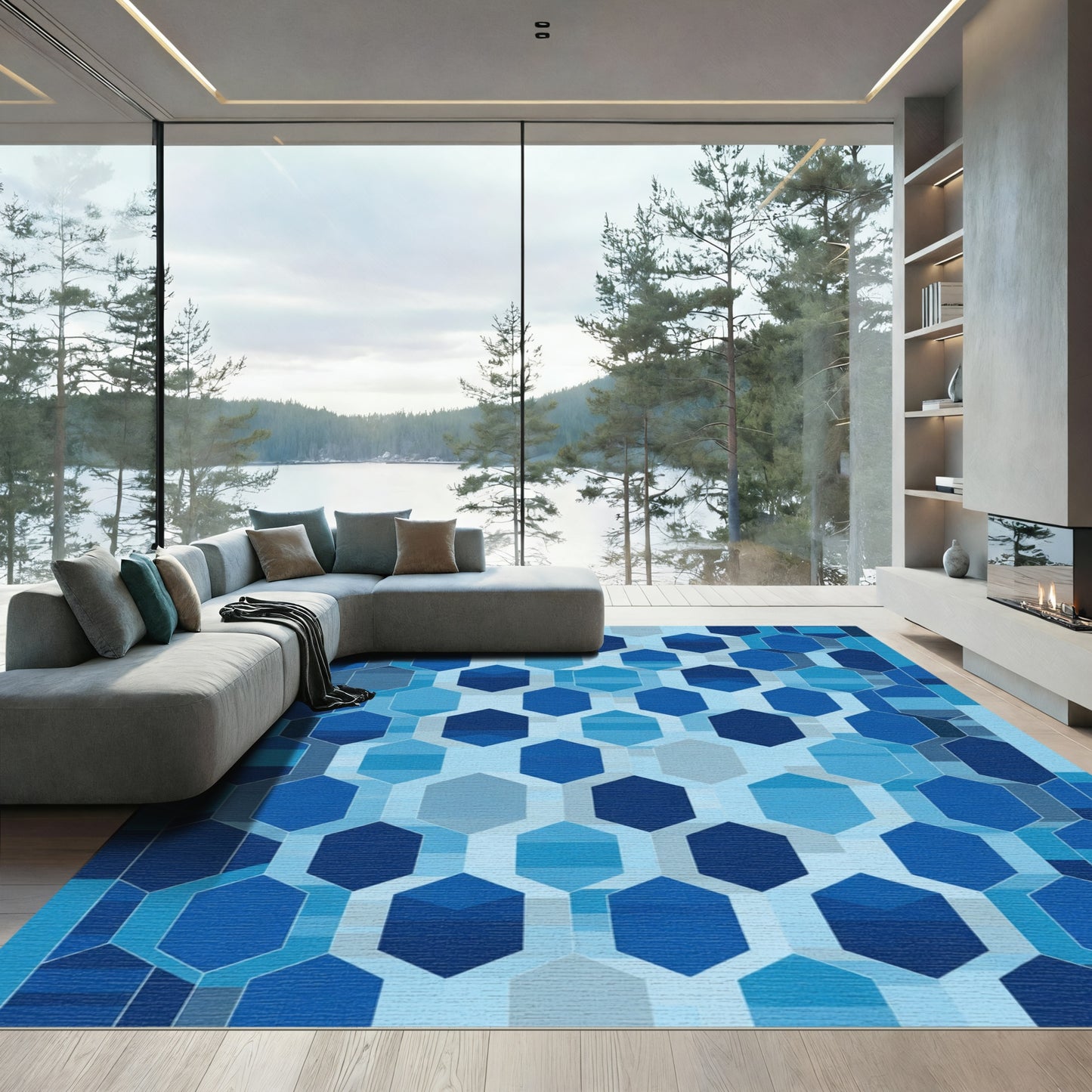 Geometric Blue Hexagon Gradation Rug