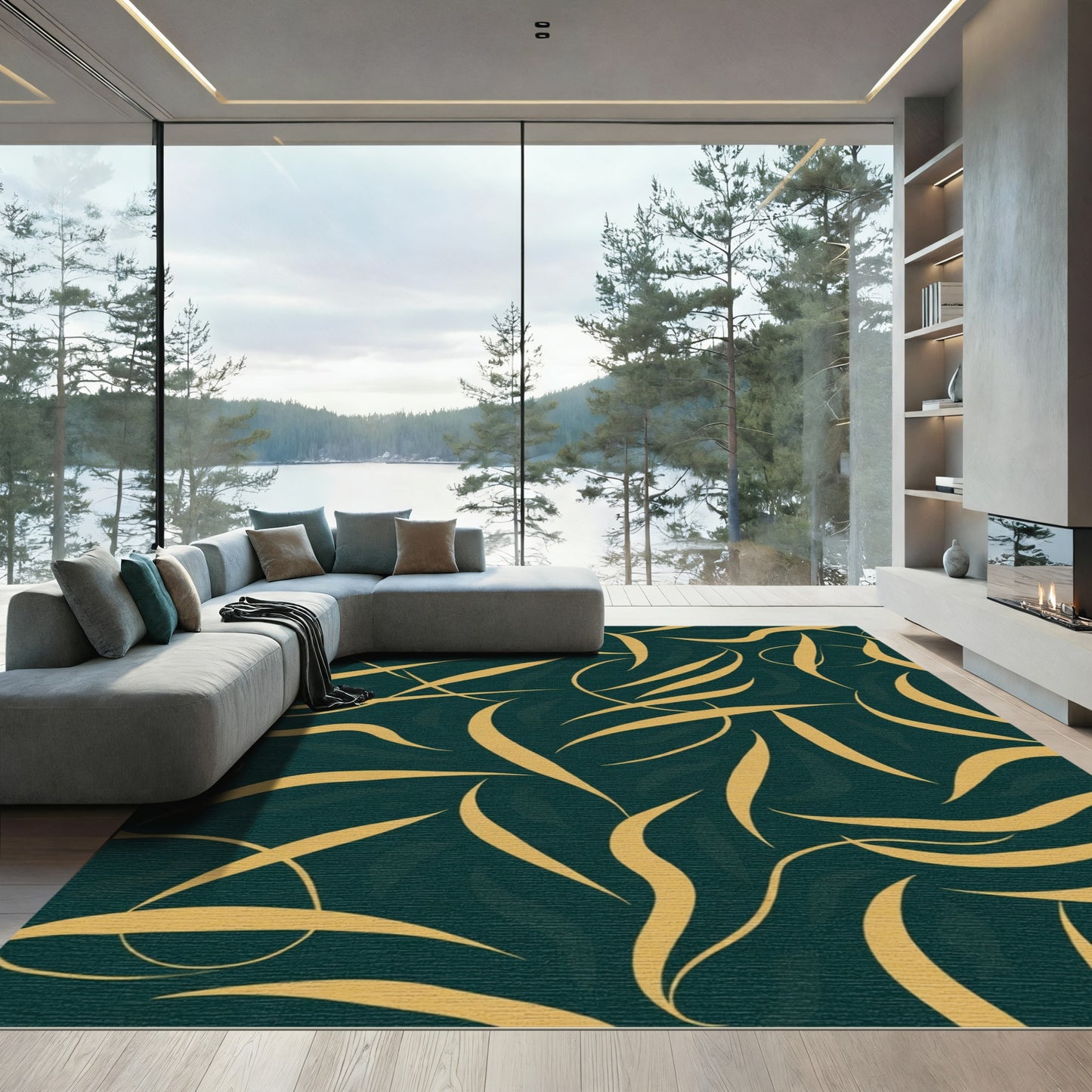 Deep Teal Gold Abstract Swirl Rug