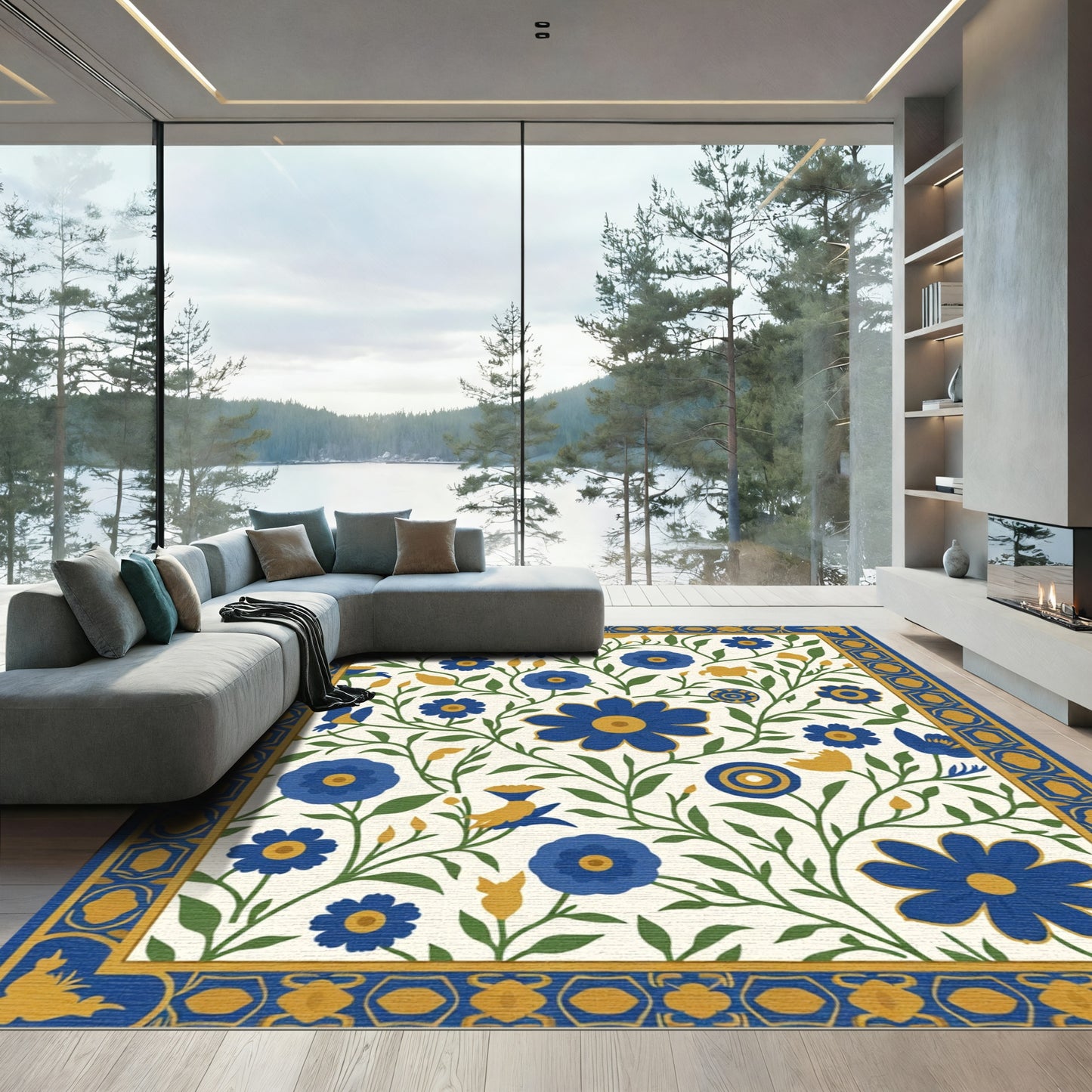 Midnight Blue Floral Bird Garden Rug
