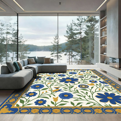 Midnight Blue Floral Bird Garden Rug