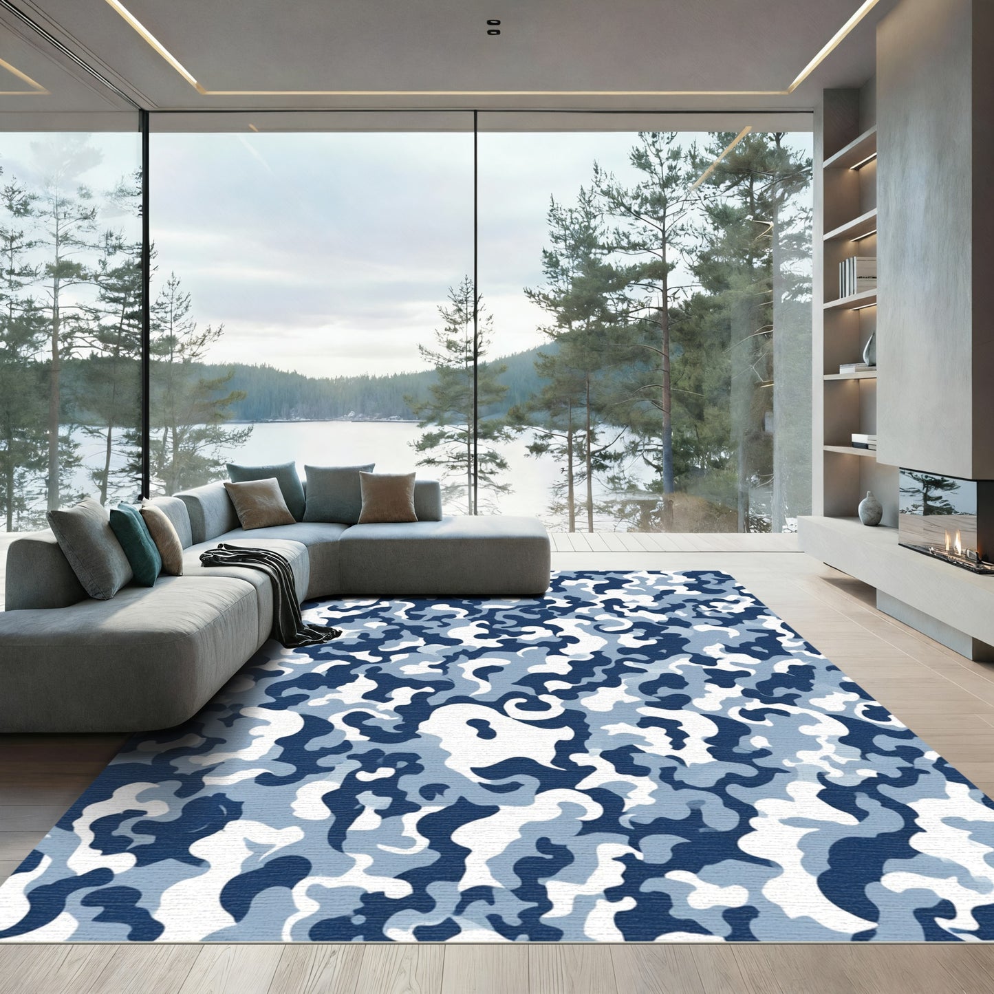 Deep Blue White Abstract Camouflage Rug