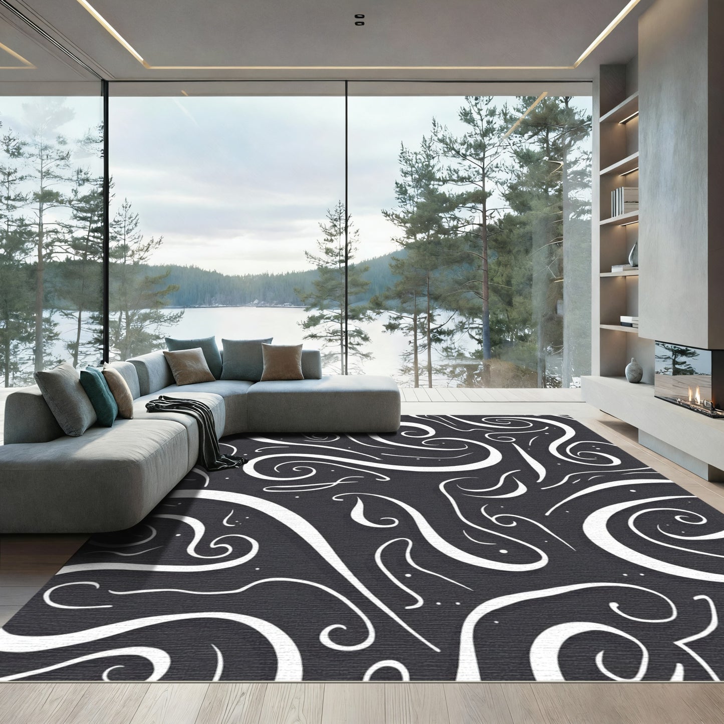 Dark Gray Swirling White Ink Strokes Rug