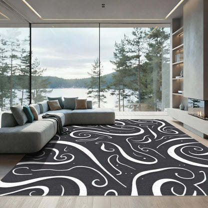 Dark Gray Swirling White Ink Strokes Rug