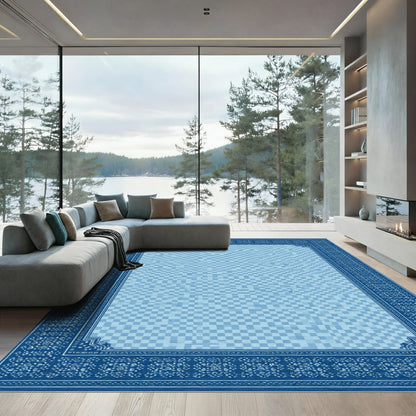 Deep Blue Geometric Checkerboard Border Rug