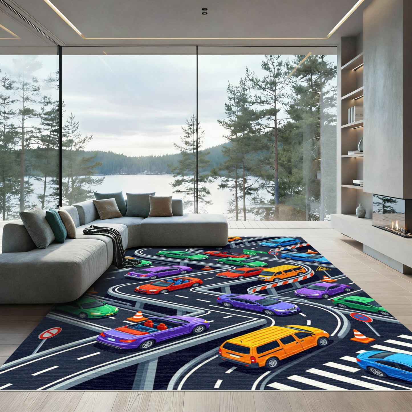 Vibrant Isometric Traffic City Grid Rug