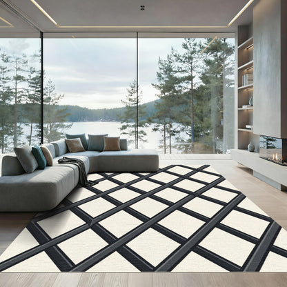 Minimalist Black and Cream Diamond Grid Rug