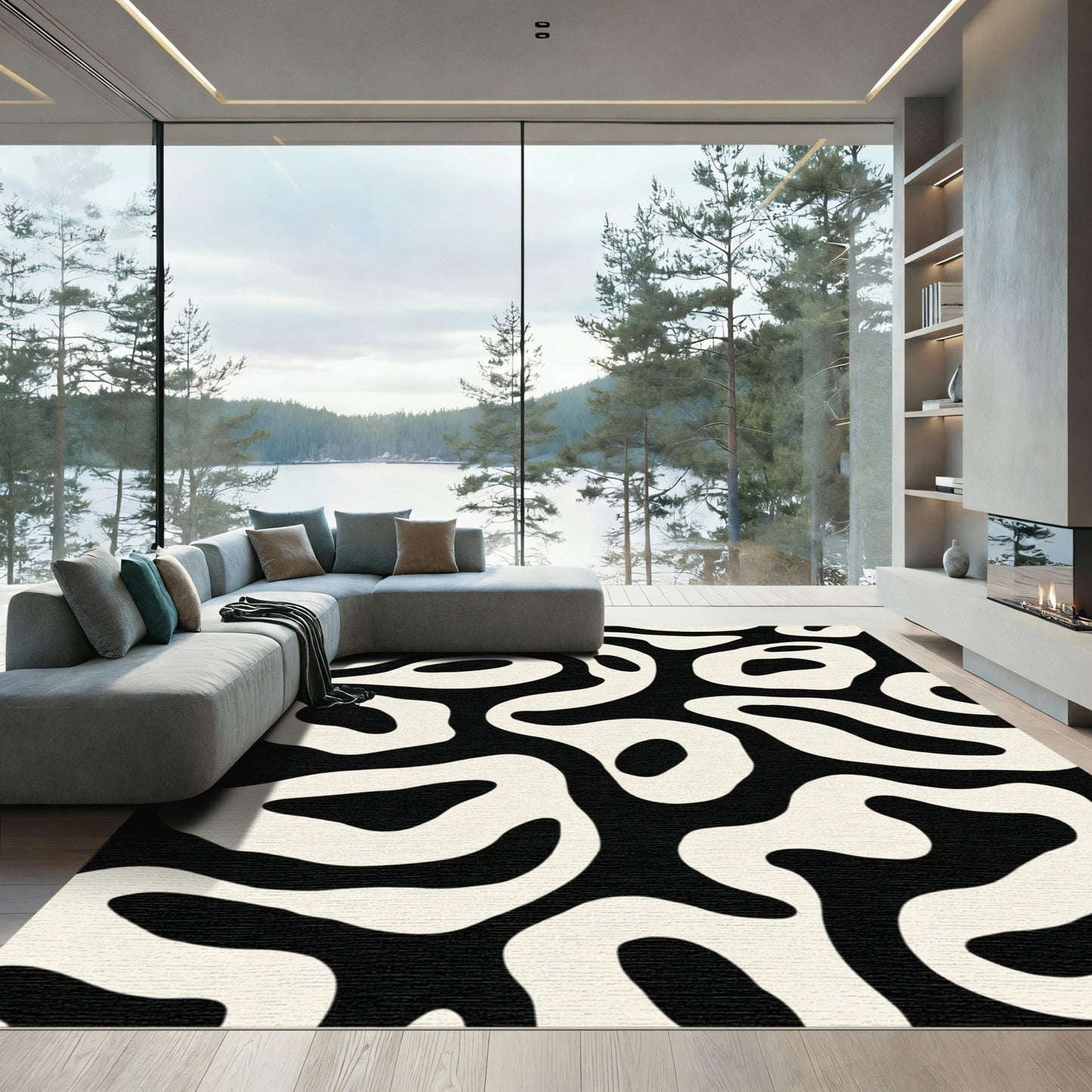 Black Cream Organic Swirl Rug
