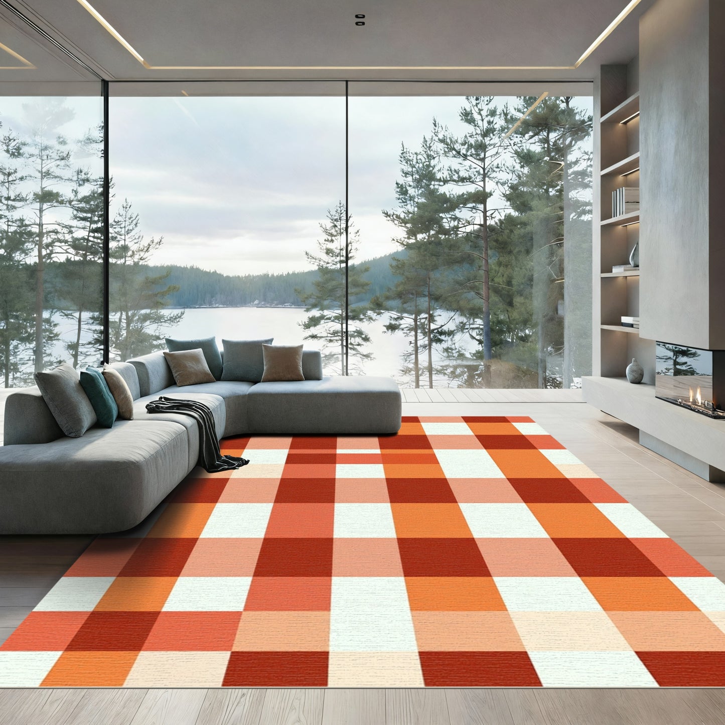 Warm Orange White Gingham Check Rug