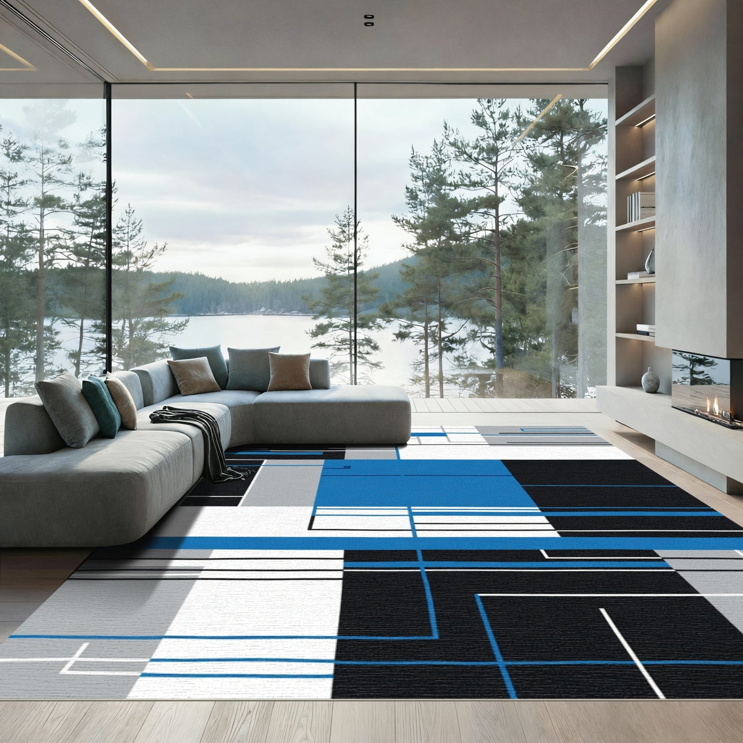 Geometric Blocks Blue Black White Rug