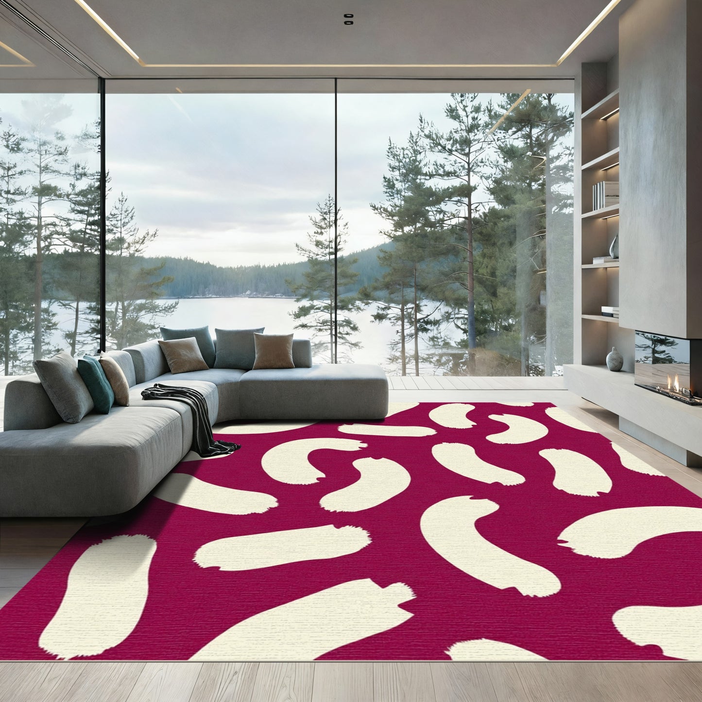 Crimson Brushstroke Abstract Shapes Rug