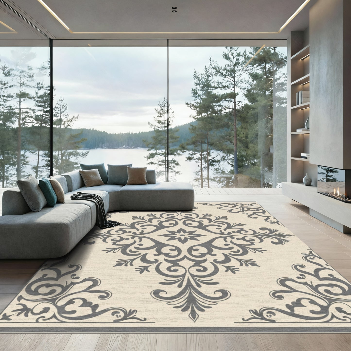 Gray and Cream Damask Scroll Rug