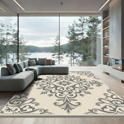 Gray and Cream Damask Scroll Rug