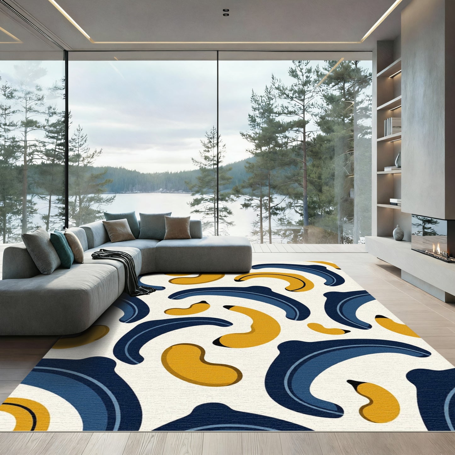 Playful Navy Blue and Golden Banana Art Rug