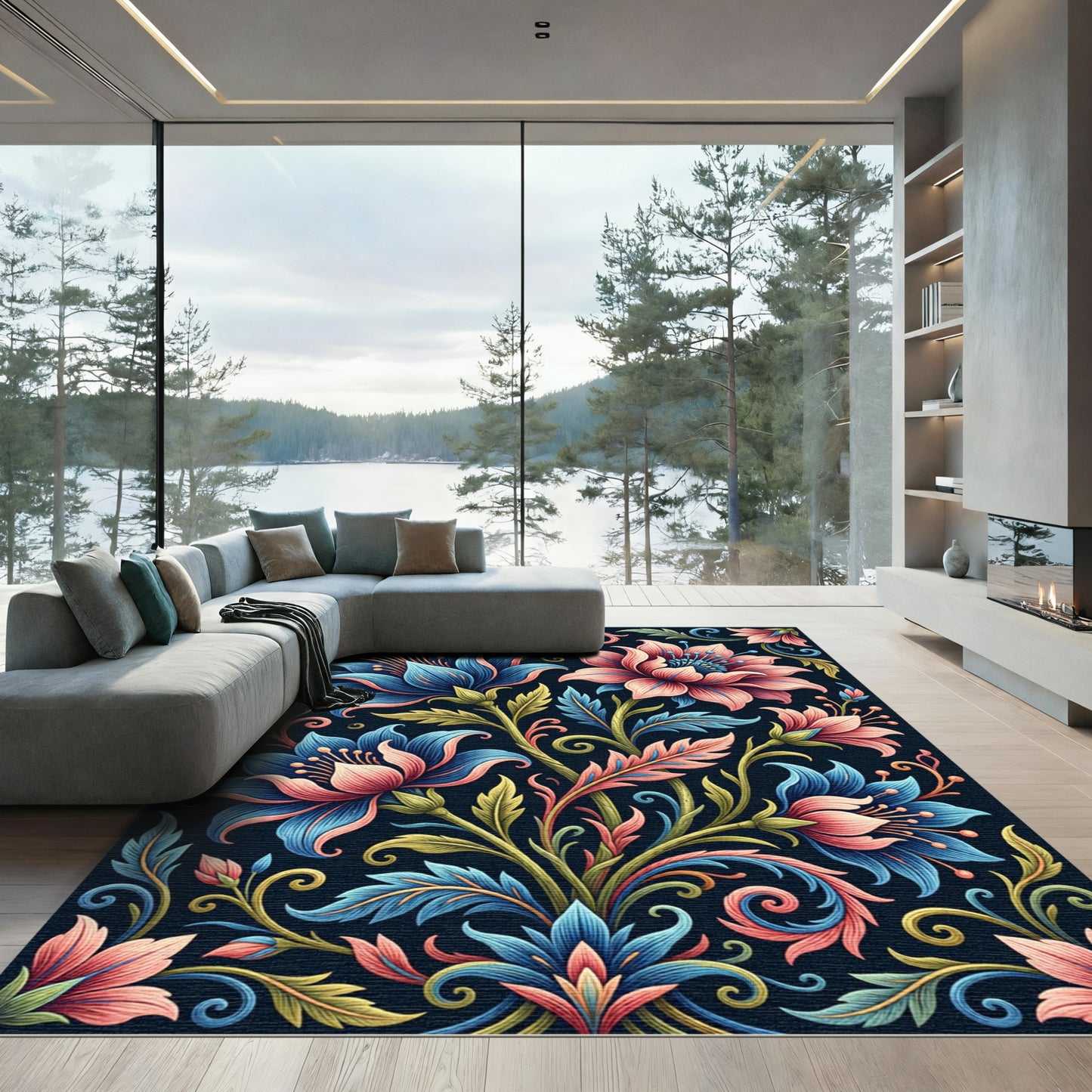 Vibrant Blue and Coral Floral Scroll Rug