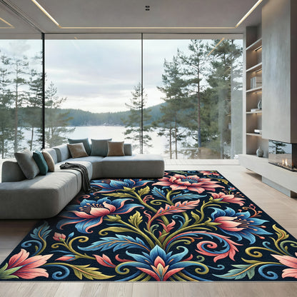 Vibrant Blue and Coral Floral Scroll Rug