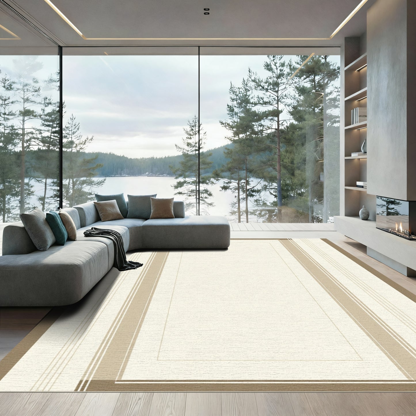 Neutral Toned Geometric Border Rug