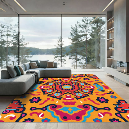 Vibrant Ochre Floral Mandala Medallion Rug