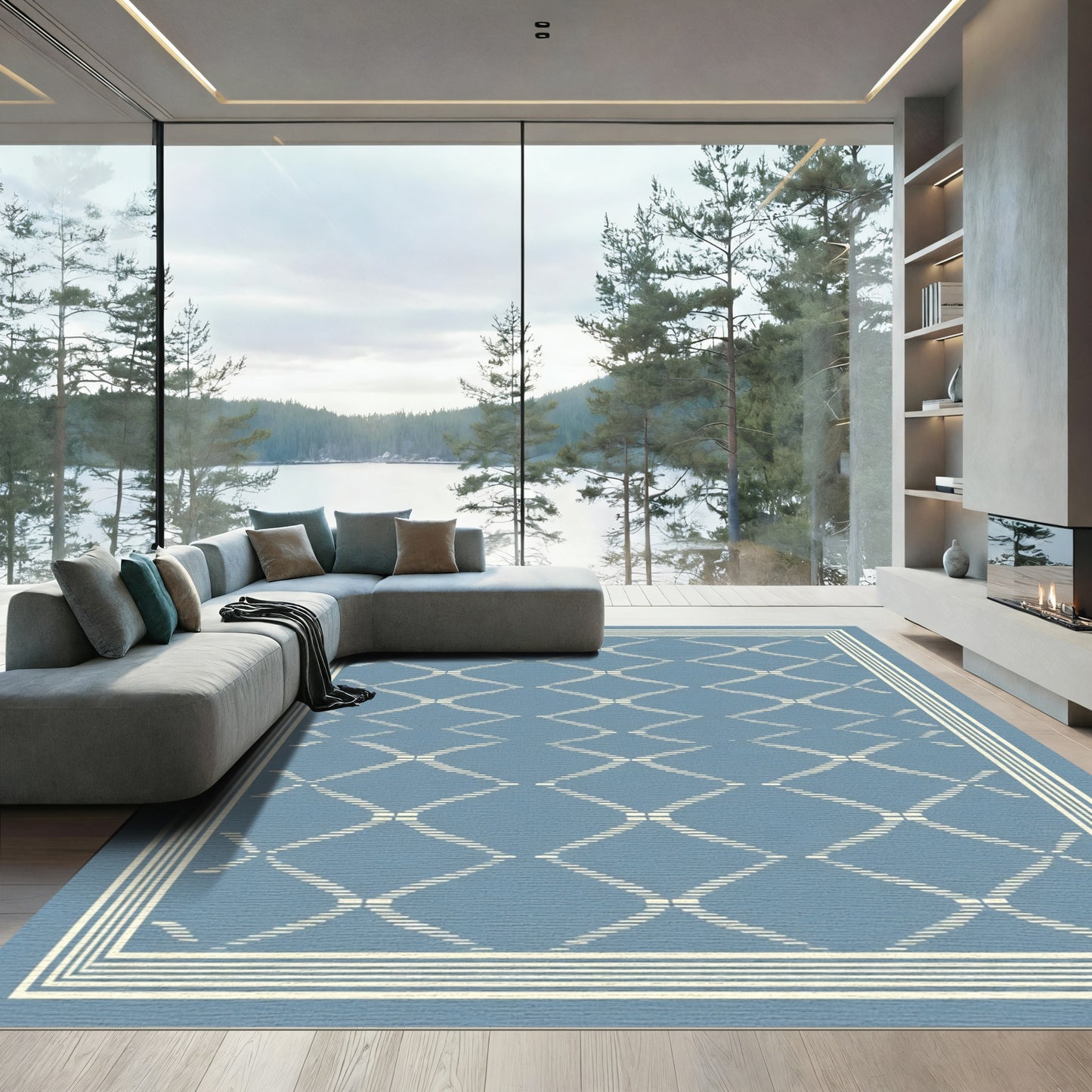 Blue Ivory Geometric Diamond Border Rug