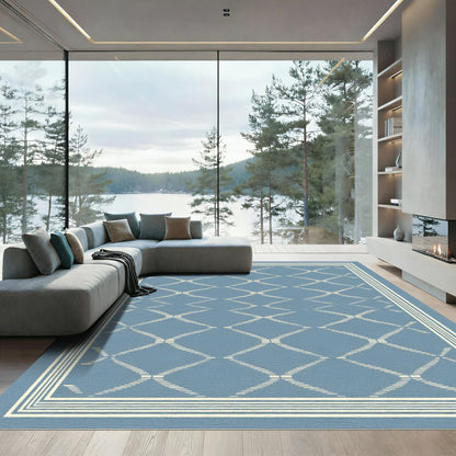 Blue Ivory Geometric Diamond Border Rug