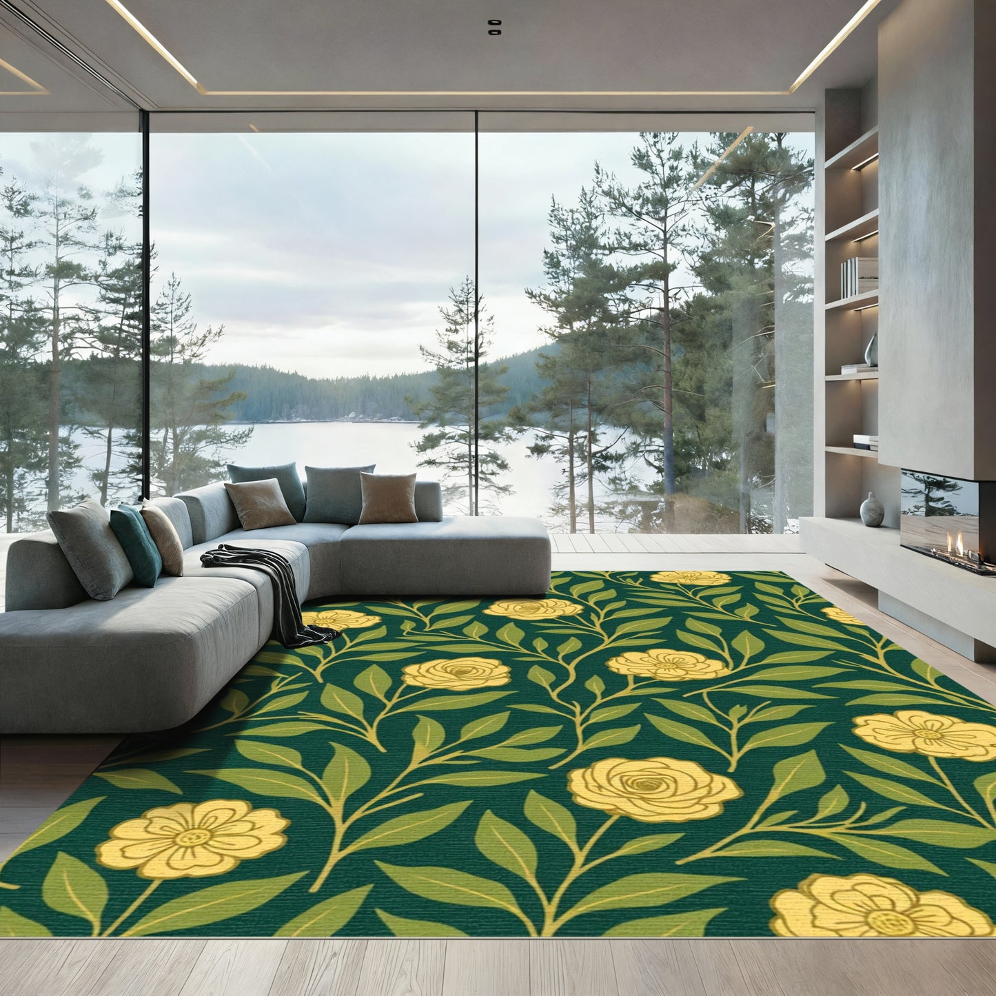 Golden Yellow Floral Vine Meadow Rug