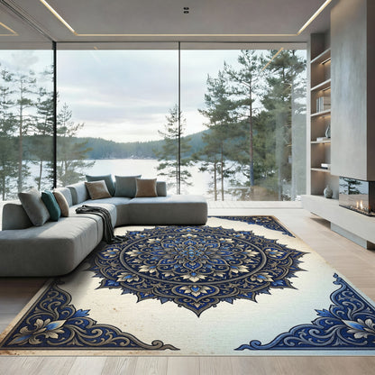 Intricate Navy and Gold Floral Mandala Rug