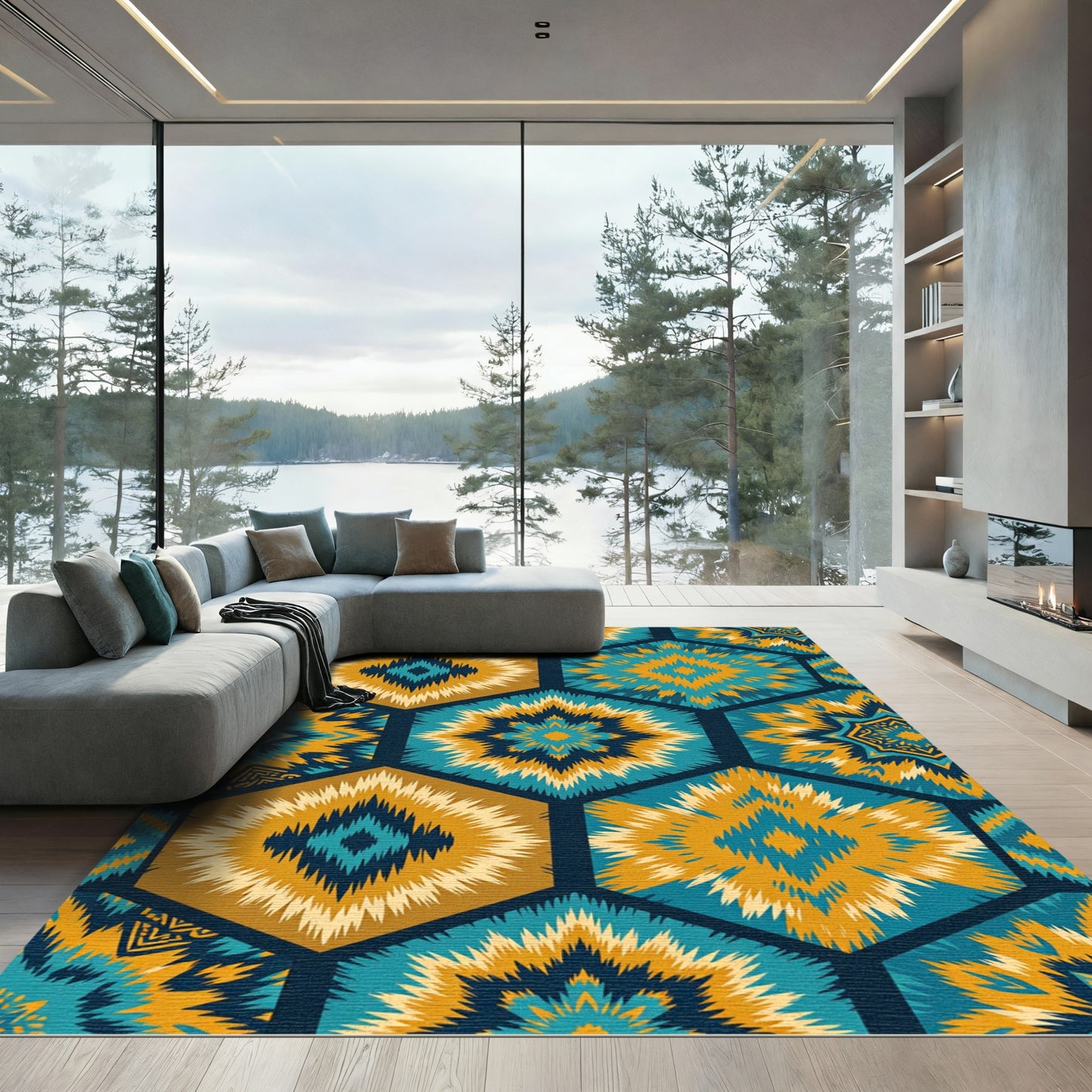 Geometric Hexagon Teal Ochre Burst Rug