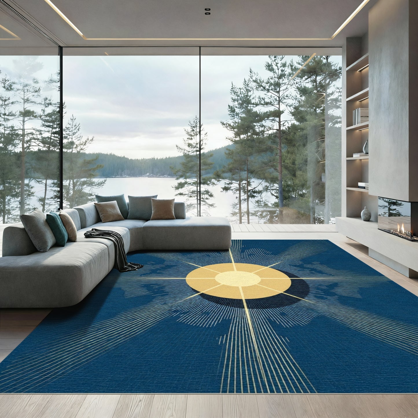 Golden Sunburst Blue Abstract Rug