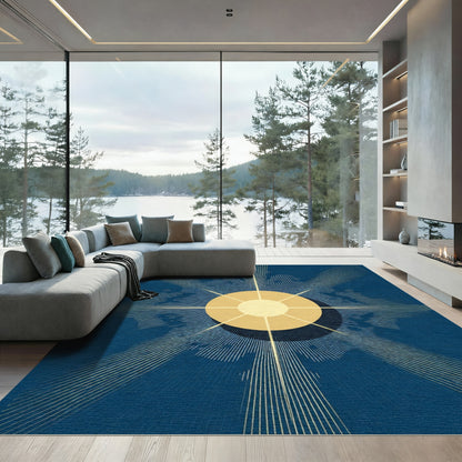 Golden Sunburst Blue Abstract Rug