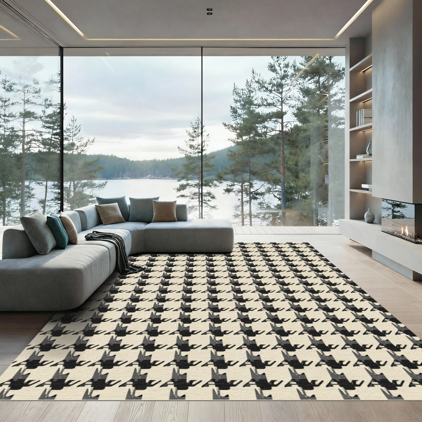 Classic Black White Houndstooth Texture Rug