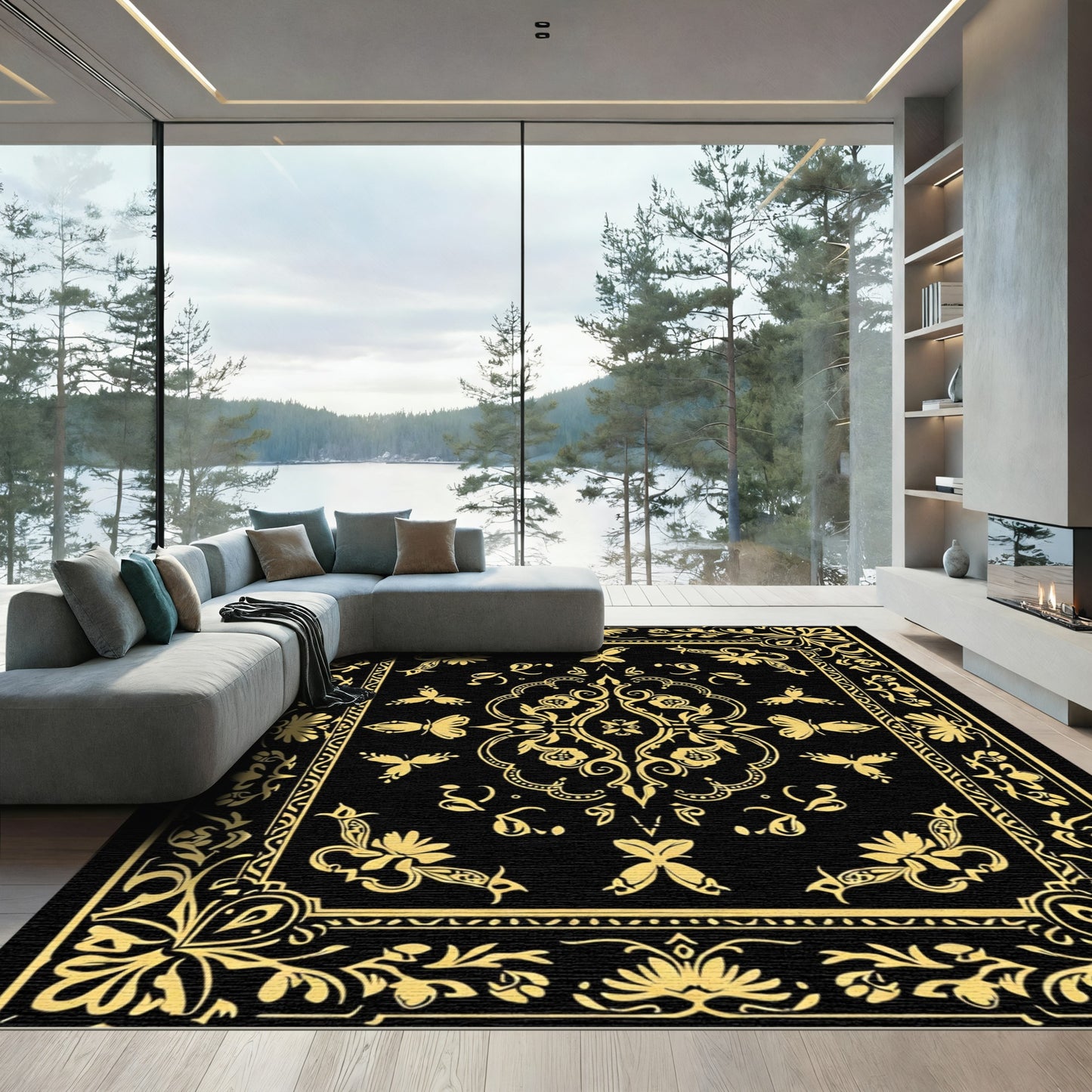 Black And Gold Chinoiserie Butterfly Medallion Rug