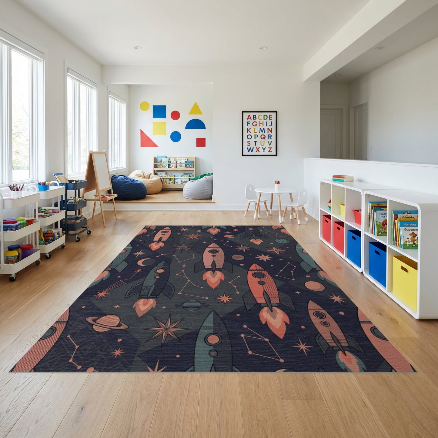 Cosmic Rocket Star Planet Navy Rug