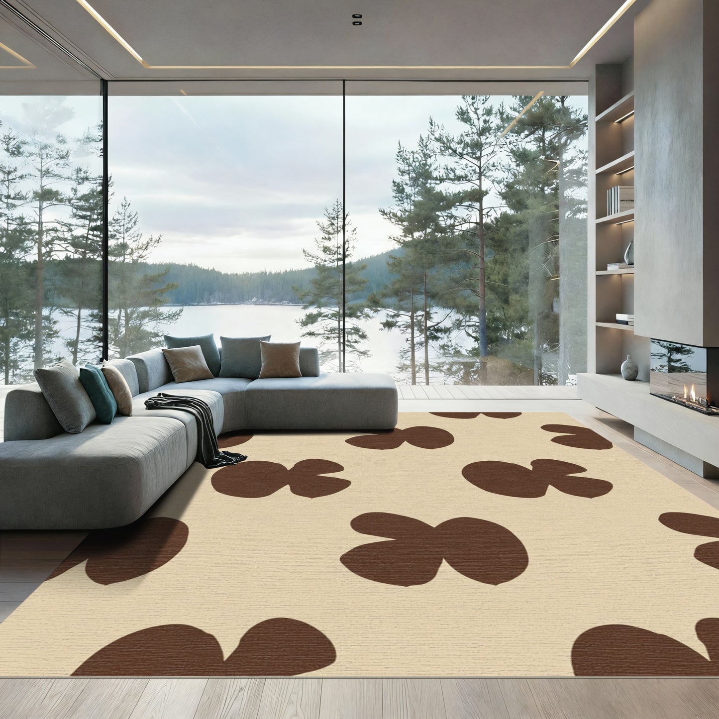 Brown Ochre Abstract Petal Arrangement Rug