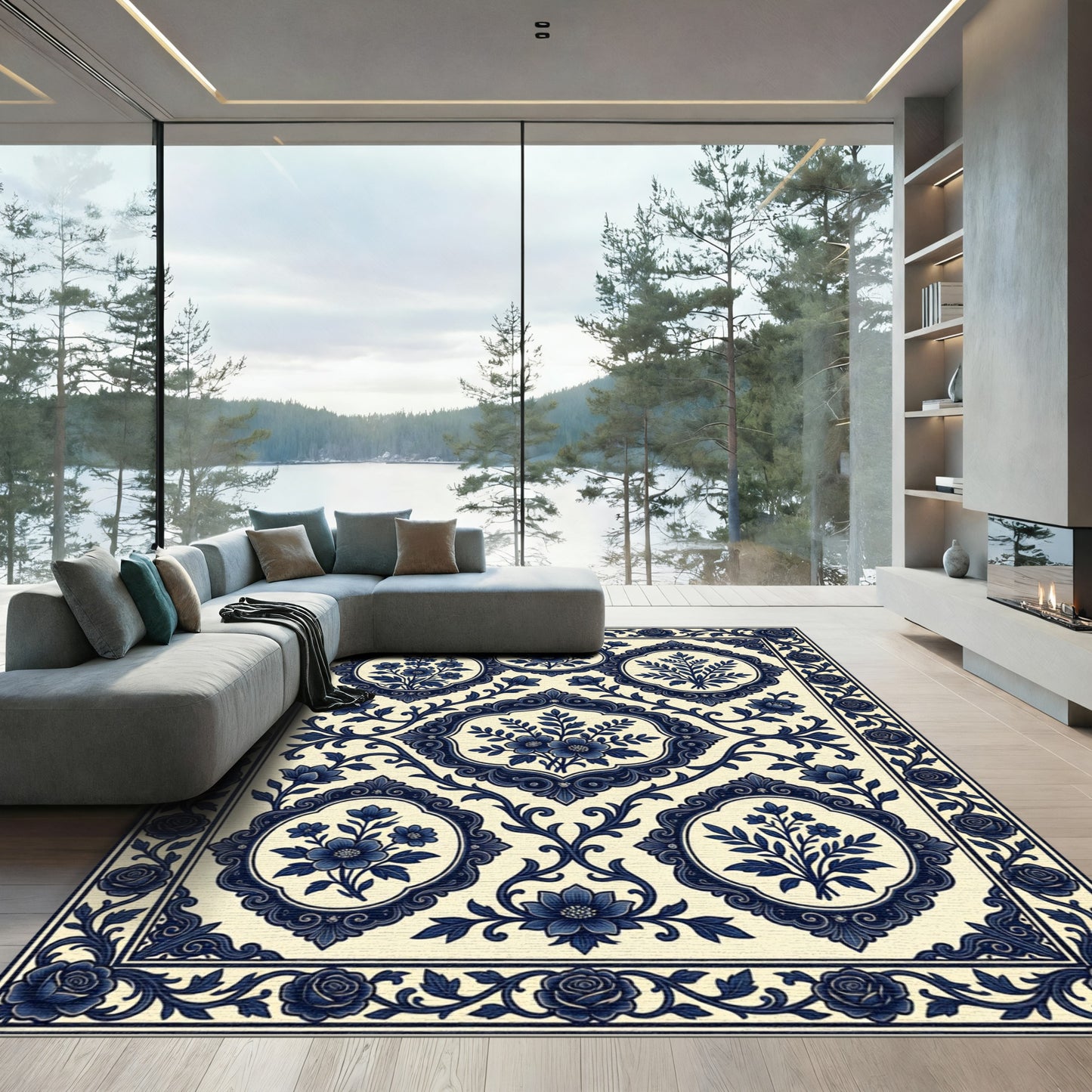 Navy Blue Floral Baroque Medallion Decor Rug