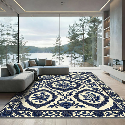 Navy Blue Floral Baroque Medallion Decor Rug