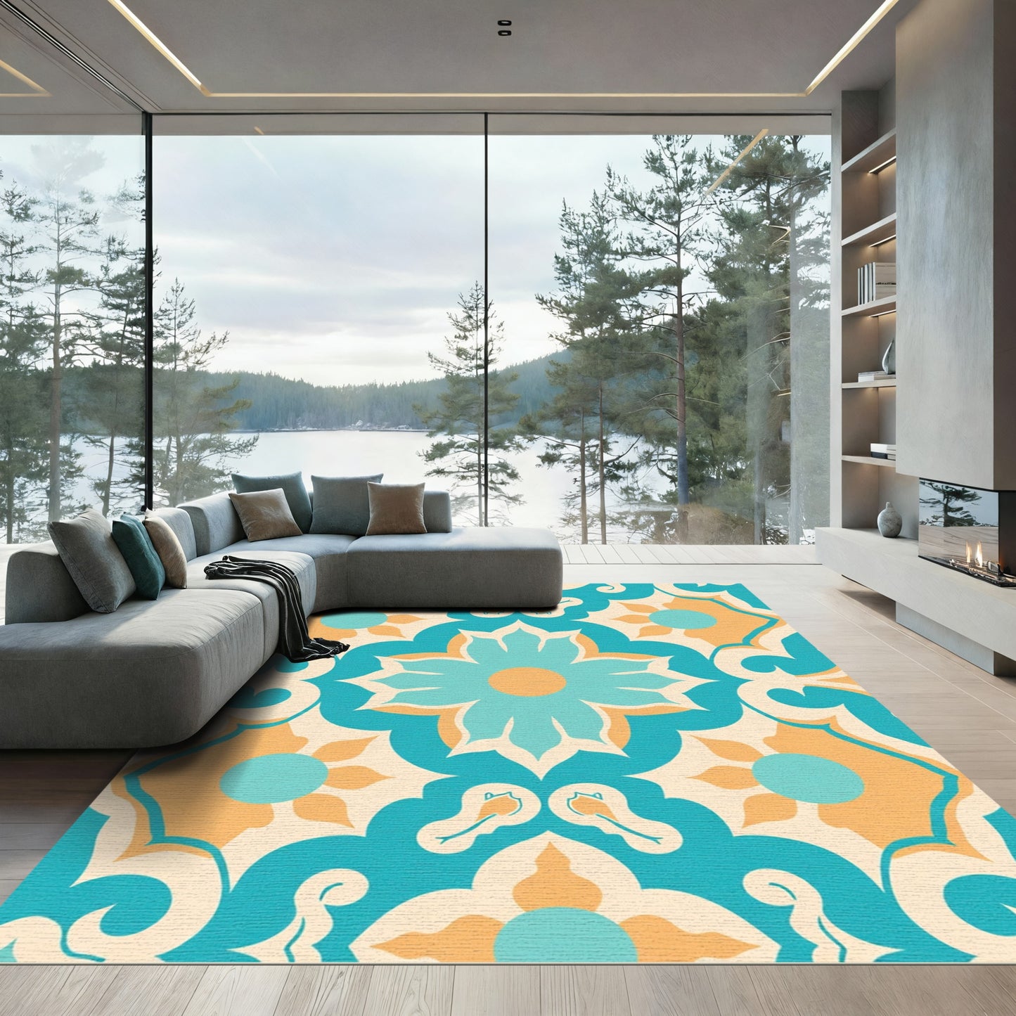 Turquoise Orange Floral Medallion Pattern Rug
