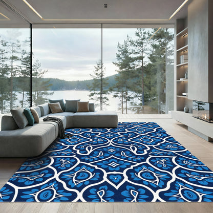 Classic Indigo Blue Floral Lattice Rug