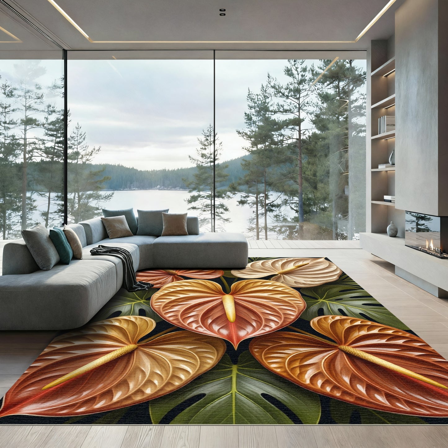 Golden Earthy Anthurium Floral Arrangement Rug